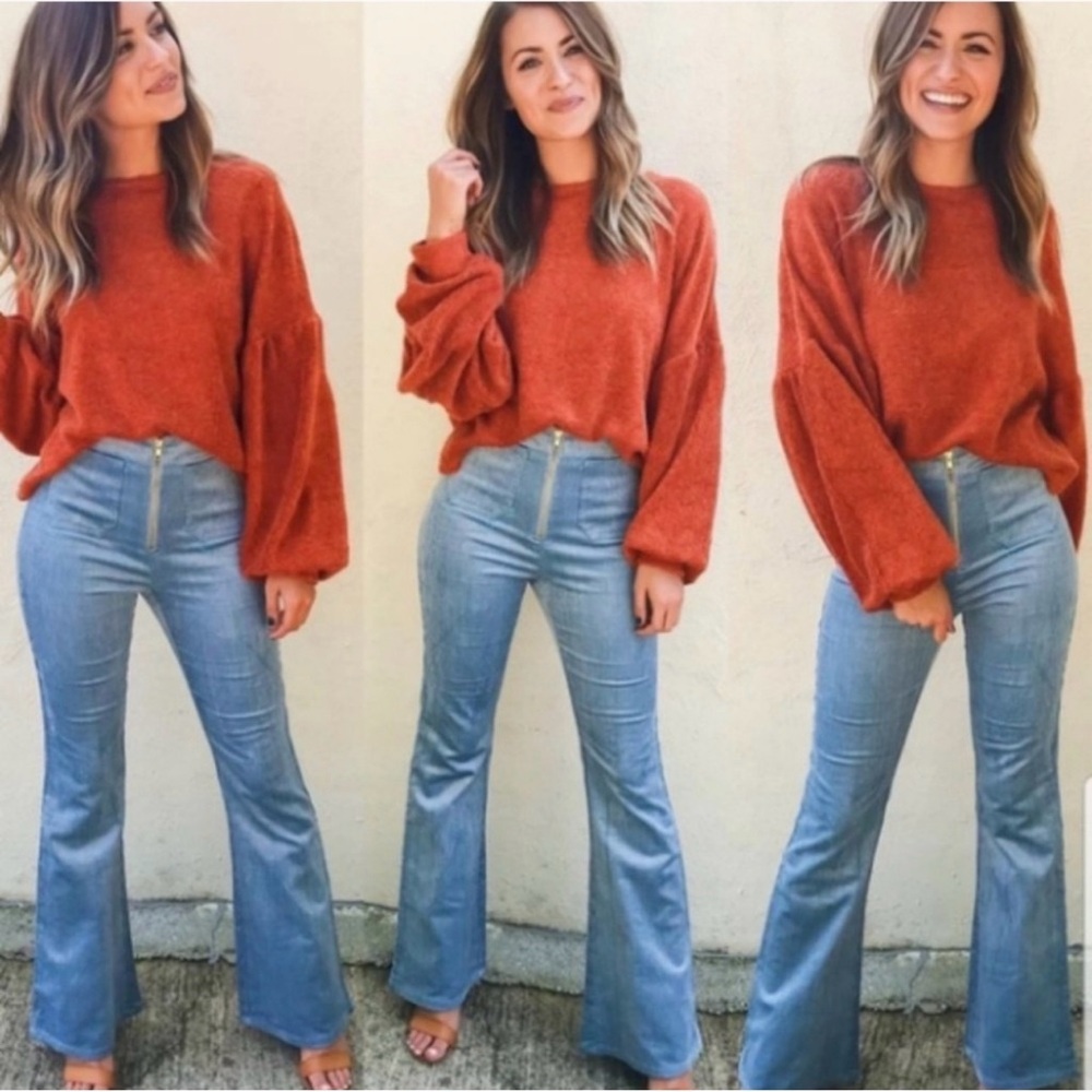 Wild Honey Rust Sweater with Light Blue Flare Jeans